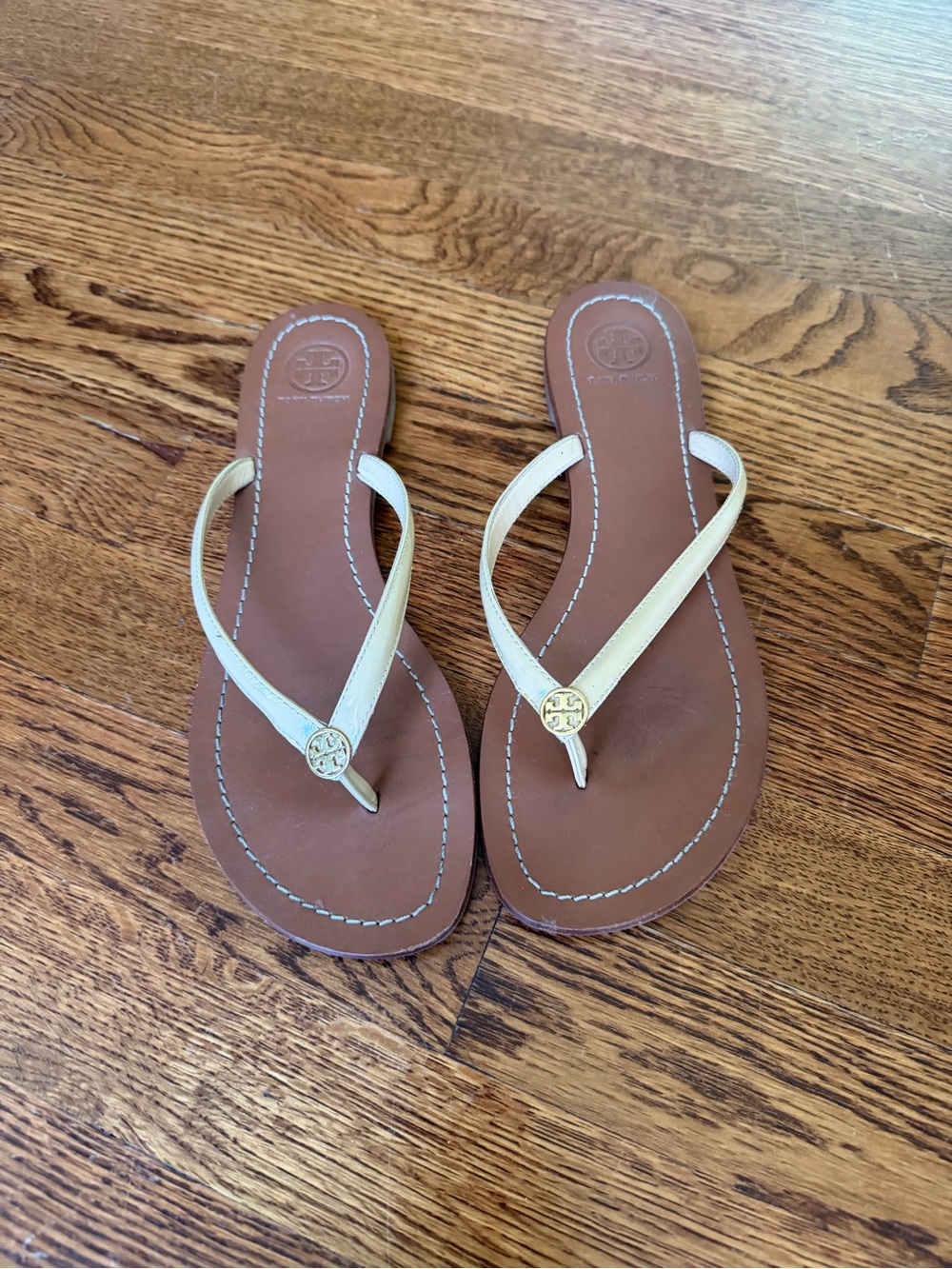Tory Burch Brown Leather Flip Flop Sandals with Cream Straps